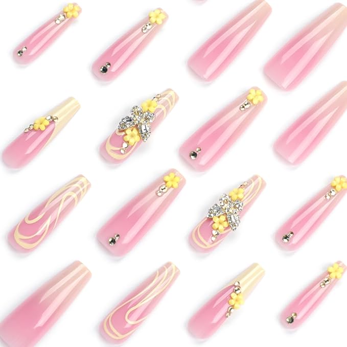 Spring Long Coffin Press on Nails with 3D Butterfly & Flower Design - Pink Ombre Fake Nail Yellow French Tip False Nails Full Cover Glossy Stick on Nails for Women 24PCS
