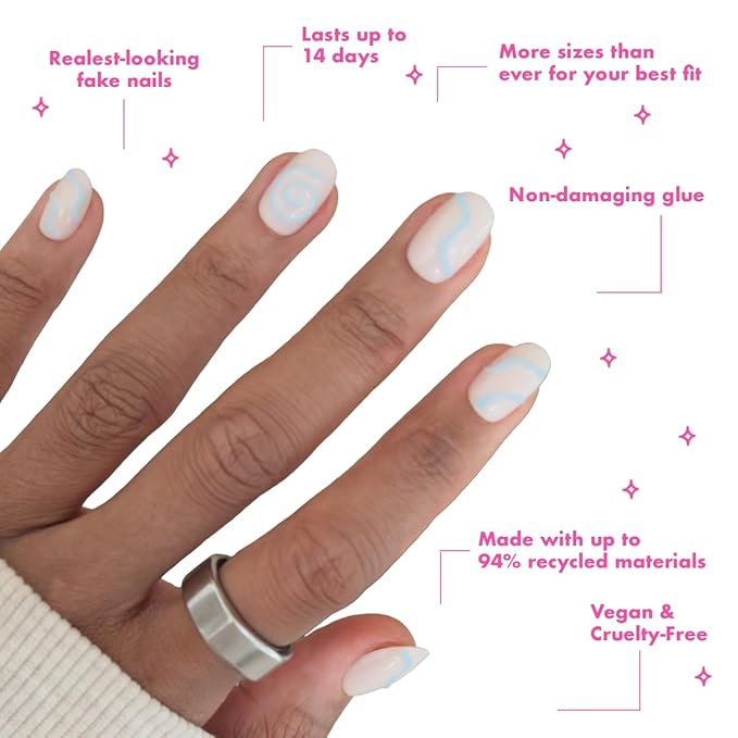 Olive & June Maximalist Instant Mani Press-On Nails (Glue) | 42 Fake Nails, 21 Sizes | Non-Toxic, Long-Lasting Big, Bold Gorgeous Realistic Look | Salon-Quality at Home | Short, Round | Puffy Swirls
