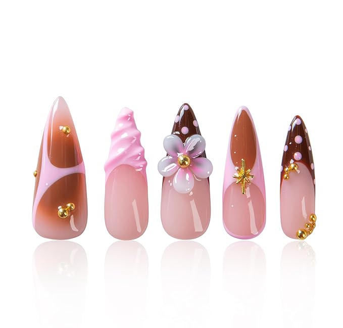 LOVFUL Short French Tip Press on Nails Berry Mocha | Handmade Acrylic Press ons| Reusable Fake False Nails | Stiletto Classic Regular 1.3in | H700-S
