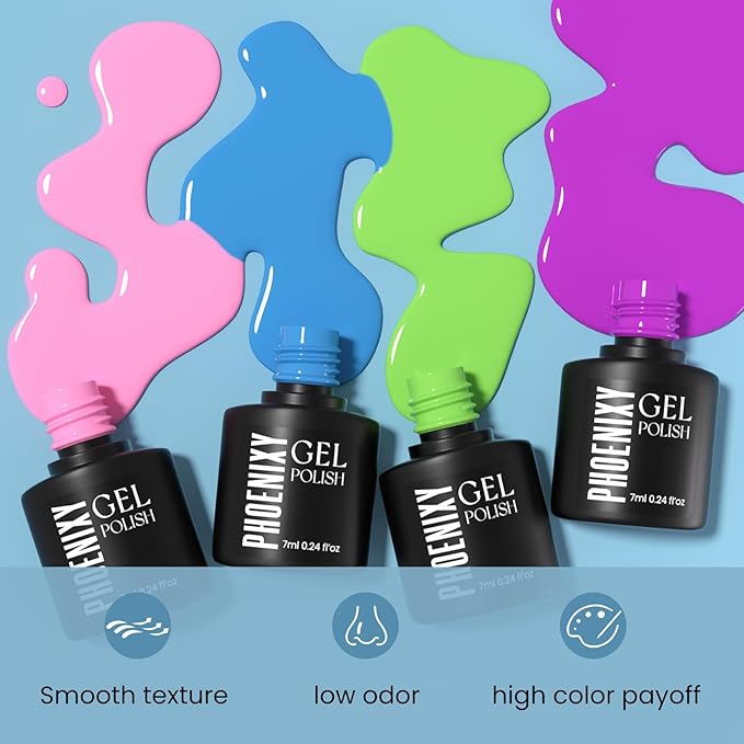 phoenixy 60 Pcs Gel Nail Polish Set, 54 Colors Gel Polish Milky White Burgundy Red Blue Yellow All Season 6 Pcs Base Top Coat DIY Beginners Gift Set for Women