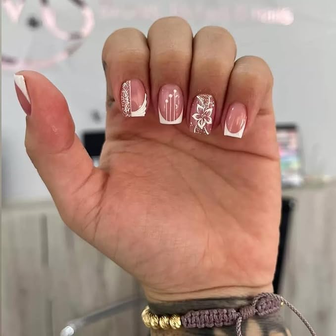 Short Square Press on Nails - White French Tip Fake Nails with Flower Design - Cute Full Cover Stick on False Nails -for Women 24 Pcs