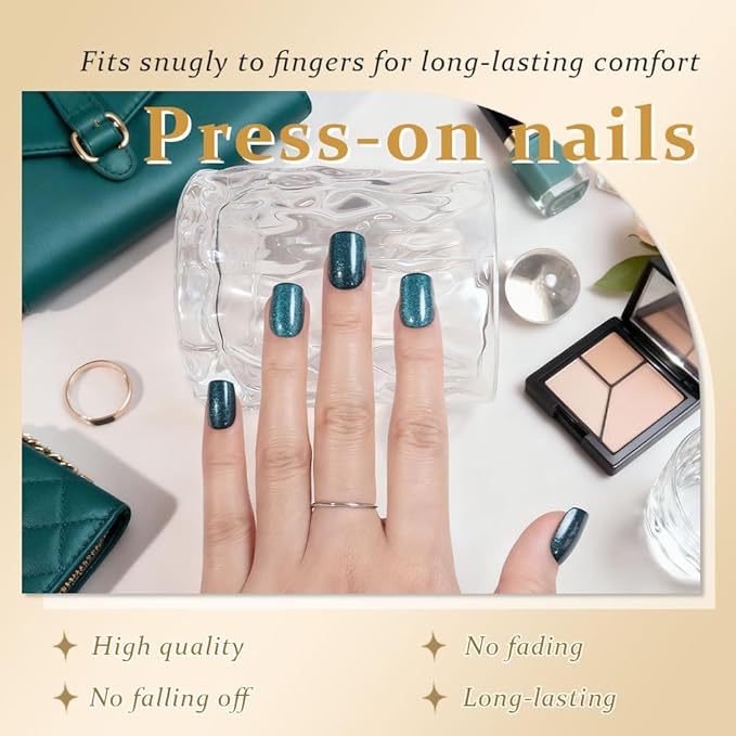 evpct Peacock Blue Cat Eye Press on Nails Short Square, Short Square Stick on Nail for Women Gift, Sapphire Blue Metallic Glitter Reusable Gel Press on Acrylic Fake Nail with Cat Eye Designs