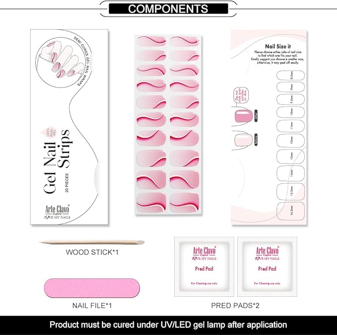 Arte Clavo Semi Cured Gel Nail Strips, Magenta Line, Glitter, 20pcs Gel Nail Strips Work with Any UV Lamp, Salon Quality UV Nails Stickers, Easy to Apply for Home Nails DIY