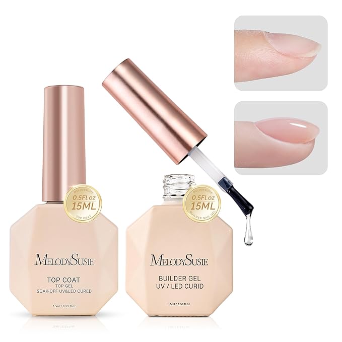 MelodySusie 2PCS 15ML Clear Builder Nail Base Gel & Top Coat Set, Shine Finish and Long Lasting, for Nails Thickening Apex Building, UV Extension Gel for Nail Art Design Salon DIY Manicure at Home