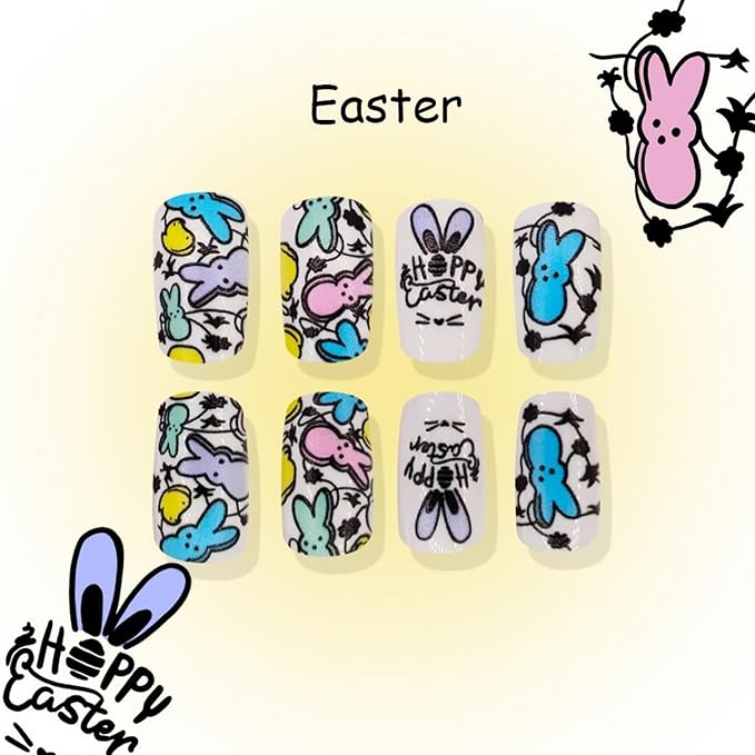 Easter Press on Nails Short Square Fake Nails Colorful Bunny with Easter Eggs Design Happy Easter Letter False Nails Full Cover Matte Rabbit Acrylic Nails Stick on Nails for Women Nail Art 24 Pcs
