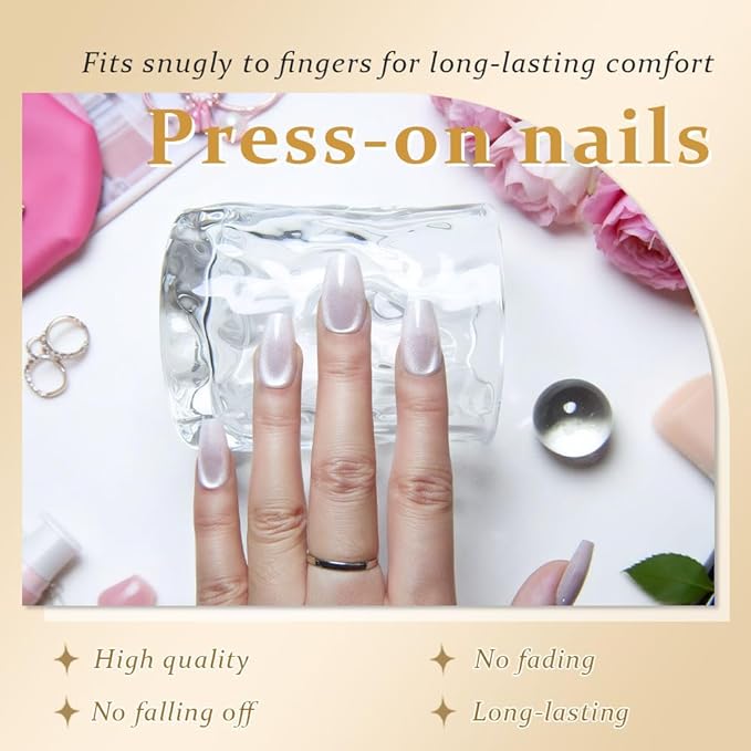 evpct Pearl White Nude Cat Eye Coffin Press on Nails Square Medium, Stick on Nail Medium Square for Women Gift, Pearl Metallic Glitter Glossy Reusable Soft Gel Press on Acrylic Fake Nail with Designs