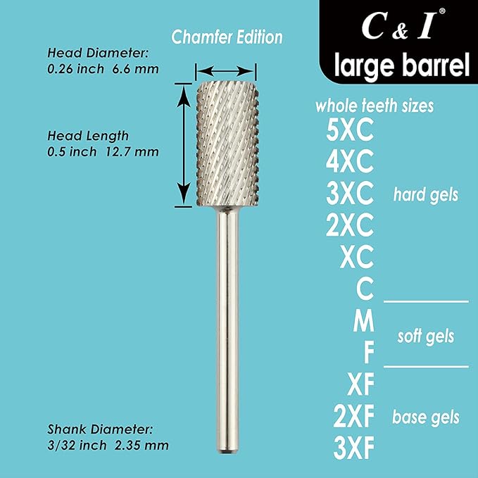C & I Large Barrel Nail Drill Bit, Chamfer Edition, Professional E-File for Nail File Machine, Designed to Remove Nail Gels, Acrylics, and other nail color covers 3/32” (Extra Fine - XF)