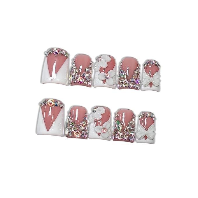 10pcs Press on Nails with Tools Kit, Short Duckbill Glossy White French Tips, Crystal Rhinestones & 3D Floral Designs, Icy Shimmer Finished Salon Nails, Reusable for Special Events (Size S)