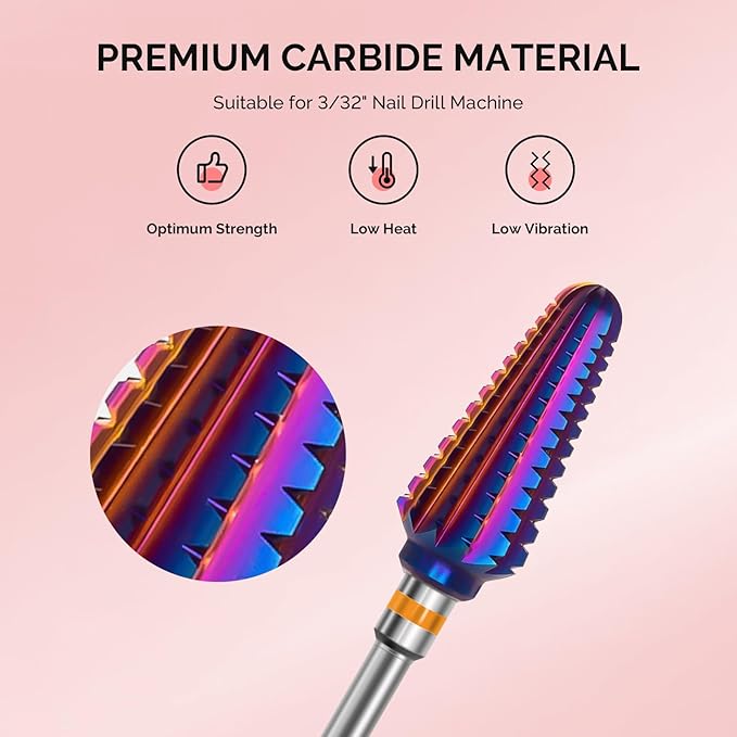 MelodySusie Professional Tornado Nail Drill Bits, 3/32'' Carbide Tungsten Multi-function Bits, Suitable for Manicure Pedicure Cuticle Gel Polishing, Salon Bits, Purple, Series Bit-X, 2XC
