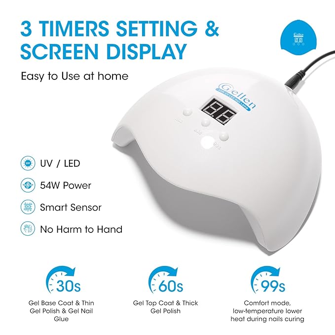 Gellen 54W U V Nail Lamp with Auto Sensor LCD Display, 3 Timers LED Nail Lamp for Gel Polish - 18 Beads Fast Curing Nail Dryer, Salon Home Use, White