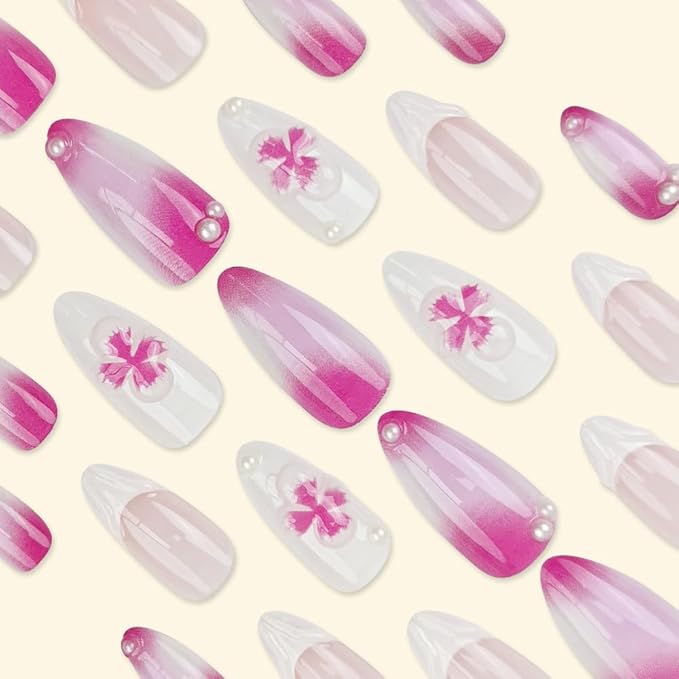 White French Tips Press on Nails - Almond Medium Stick on Nails - Purple Flower Charm Design Ombre Purple White False Nail Glossy Floral Glue on Nail for Women Manicure 24Pcs