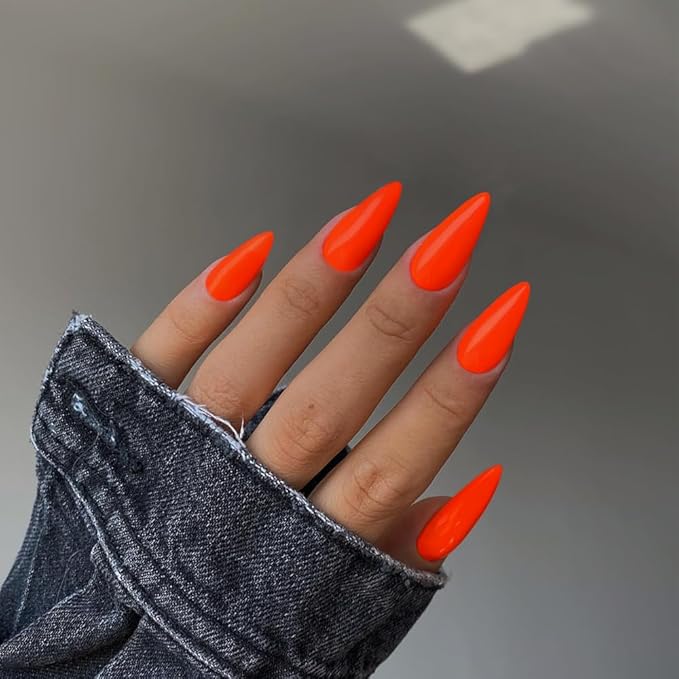 Orange Press on Nails Almond Shaped 48Pcs Neutral Thick Fake Nails for Women, Medium Almond Nails Press on Reusable Acrylic Nails Glue on Medium Length Stiletto False Nails Gel Artificial Nails