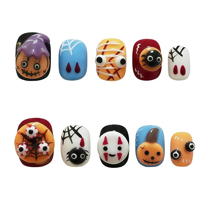 Nightmare Before Christmas Press on Nails Kawaii Ghost Handmade Fake Nails 3D Embossed Colorful Cute Cartoon Short Nails for Women and Girls (Cute Ghost Party,M)