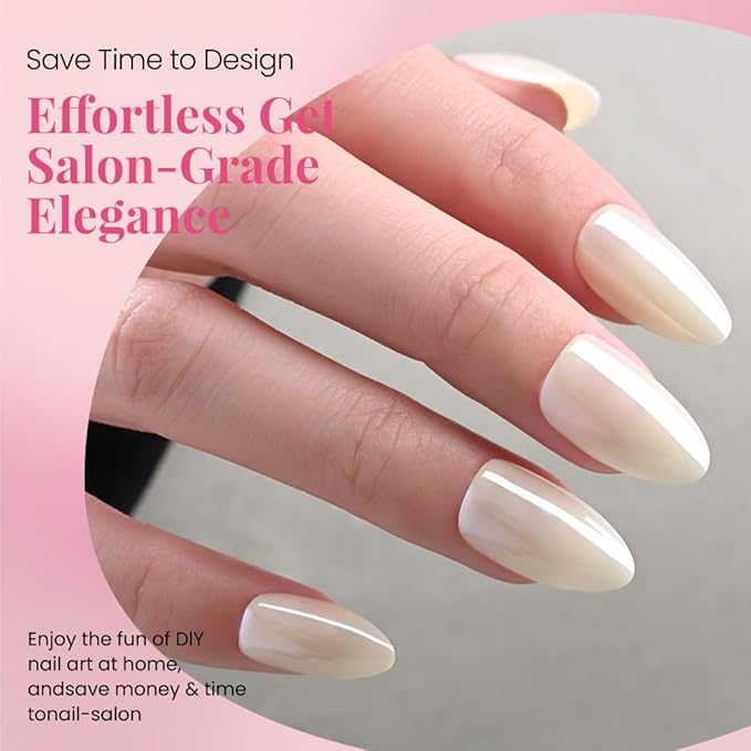 Press on Nails Short Almond - White Chrome Glazed Glossy Press on Nail Tips Stick on Nails with Nail Kit for Gift, Reusable Stick On Nails in 15 Sizes - 30 Full Cover Acrylic Soft Gel Fake Nails Kit