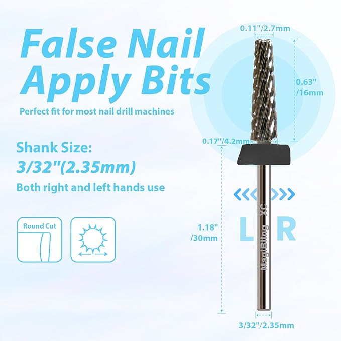 16mm Long Tapered Barrel Nail Drill Bit, 3/32” Safety Tungsten Carbide E-File Bit for False Nail Application, Press-On Tip Apply Nail Extension, Gel & Acrylic Removal, Two-Way Rotation, Extra Coarse.