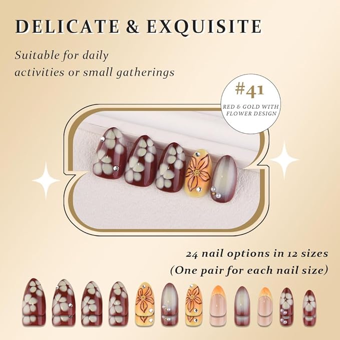 3D Flower Press on Nails Medium Almond with Design, Red Nail + Gold French Tip Glossy Stick on Nails for Women with Kit, Reusable Soft Gel Stick on Fake Nail with Flower Floral Designs Perfectly Fit