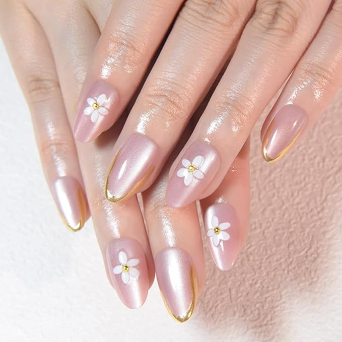 Spring Summer Nude Cat Eye Press On Nails, Short Almond Shape, 3D White Flower & Gold Line French Design, Salon Quality Reusable Acrylic Fake Nails for Women, Ideal for Parties & Daily Wear