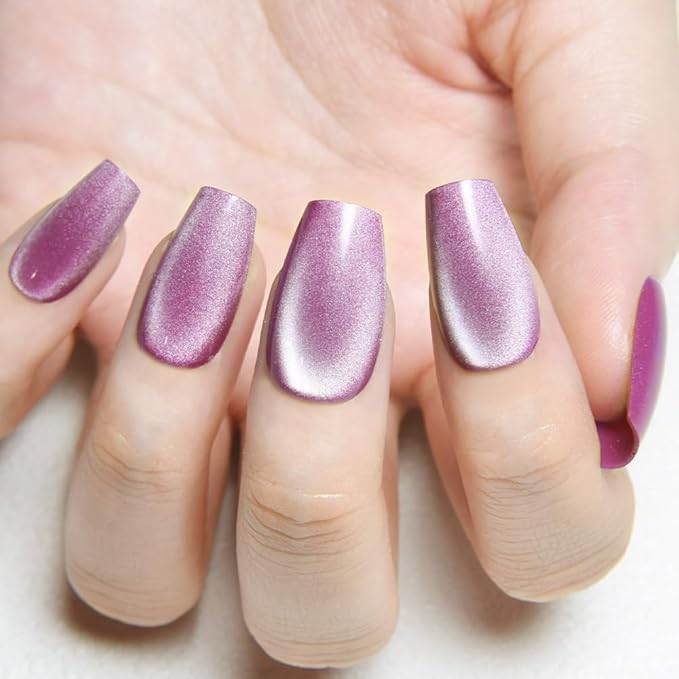 evpct Purple Cat Eye Coffin Press on Nails Square Medium, Medium Square Stick on Nails for Women Gift, Lavender Purple Metallic Glitter Glossy Reusable Summer Press on Fake Nail with Designs, 24Pcs