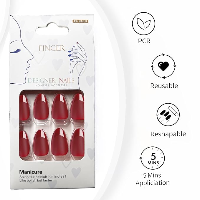 Press On Nails Short Almond Red Nails with Glossy French Tips in a Matte Finish 16 Sizes - 32 Nail Kit with Glue