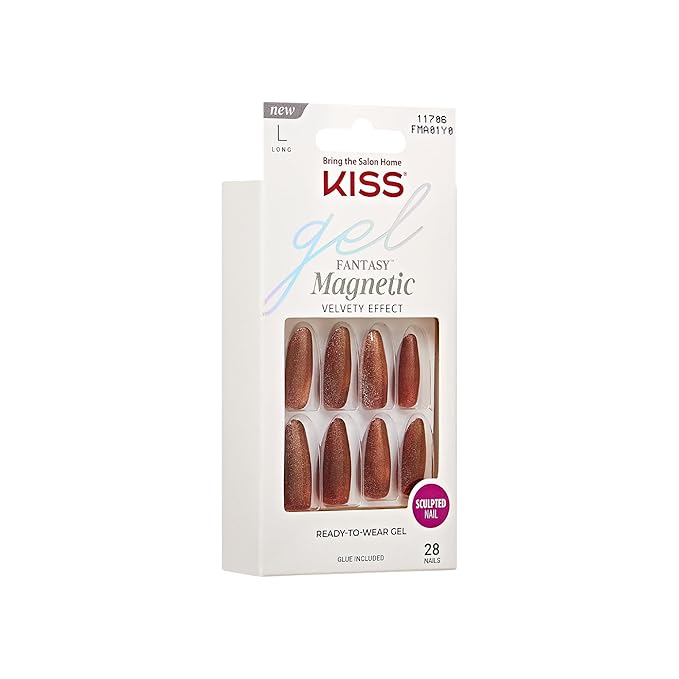 KISS Gel Fantasy 28 Pcs Press On Nails, Long Almond Fake Nails, Brown Magnetic Cat Eye Polish Stick On Extensions, Reusable Velvet Full Cover Kit with Glue, Manicure Stick & File, Wear for 7 Days