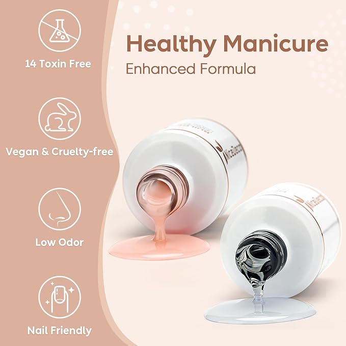 Nicedeco Hema Free Builder Base Gel Nail Polish 2 Pcs 15ml Cruelty Free Vegan Nude Pink Clear Builder Nail Gel Soak Off LED U V Gel Nail Kit Manicure