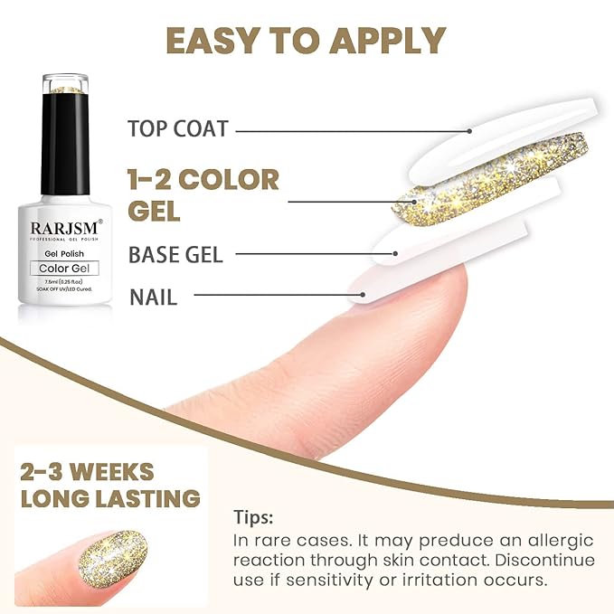 RARJSM Reflective Glitter Gel Polish Champagne Gold Holographic Gel Nail Polish Rainbow Iridescent Shimmer Pigment L E D U V Soak Off Sparkle Diamond Gelpolish Nail Art Manicure Salon DIY at Home 1pcs