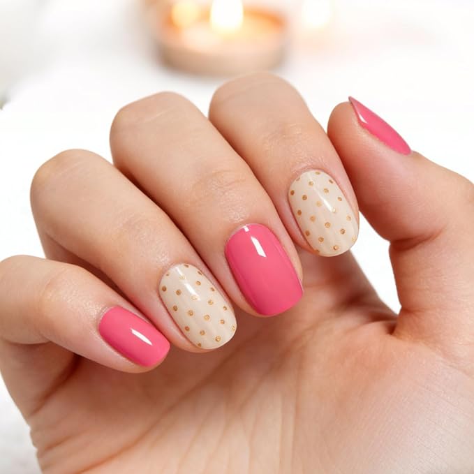 Semi Cured Gel Nail Strips - Gold Polka Dot, 20 Pcs DIY at Home Nail Art, UV/LED Lamp Required, Beginner Friendly & Salon Quality Manicure