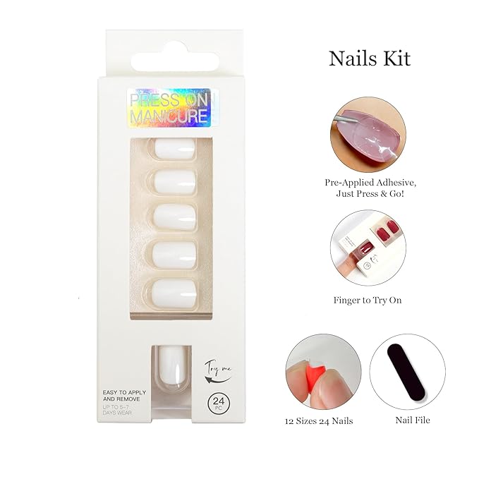 White Press On Nails Short Square - No Glue Natural Elegant Acrylic Fake Nail Design for Everyday or Wedding, Easy to Apply & Remove, 24 Nails in 12 Sizes with File