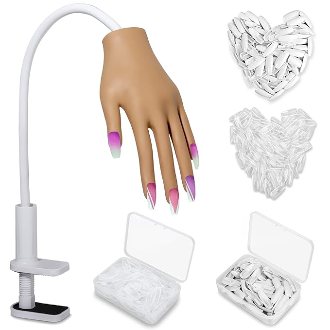 Practice Hand for Acrylic Nails, Nail Tips Never Fall Off Nail Practice Hands, Fingers Never Break Fake Hand for Nail Practice, Fexible Nail Hand Practice Mannequin Hand with 200 Pcs Nail Tips