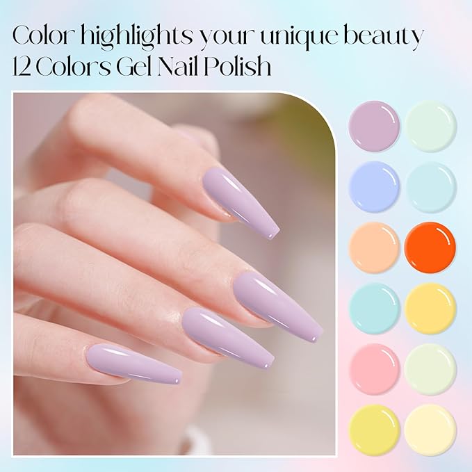 ADHERE 12 Colors Gel Nail Polish Set,12 ML Candy Colors UV Gel Polish Gel Nail Kit, Nude Pink Green Blue Purple Yellow Gel Nail Gifts for Women Girl DIY Salon Home Manicure