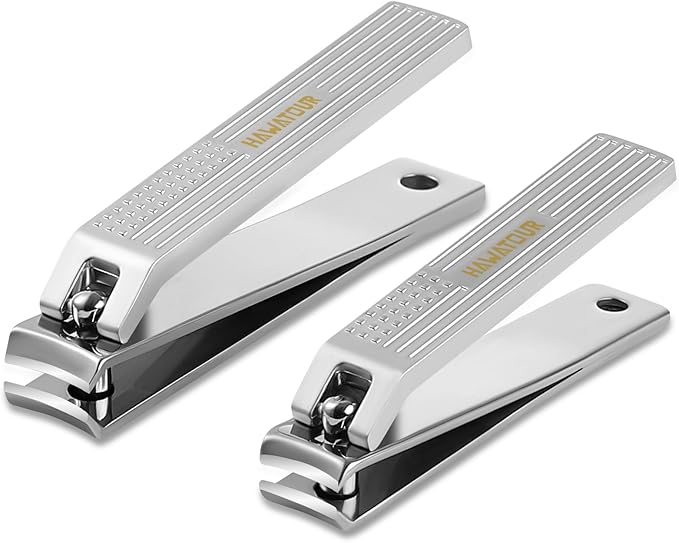 HAWATOUR Nail Clippers Set, Ultra Sharp Curved Blade Fingernail and Toenail Clipper Cutters with Visibly Tin Case, Squares and Stripes (Silver)