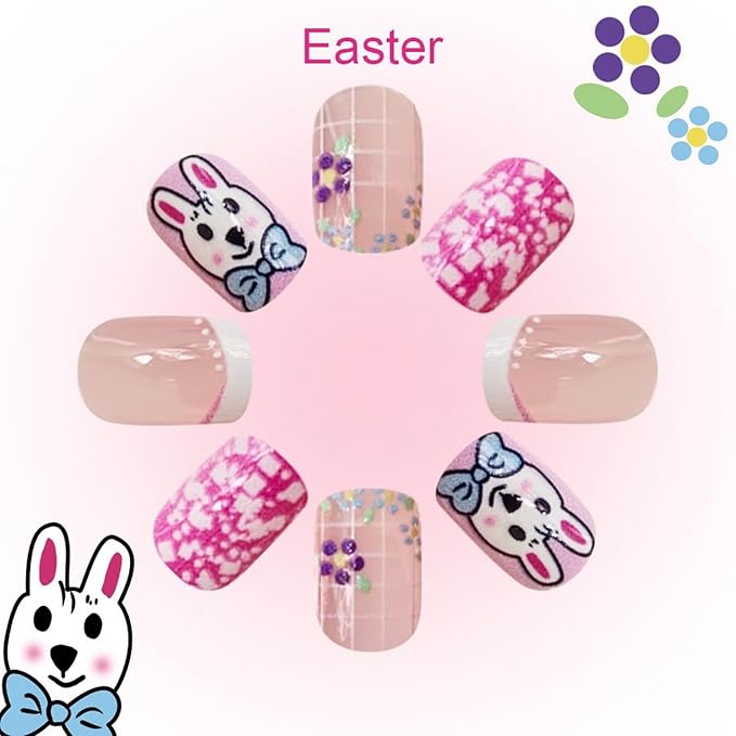 24 Pcs Easter Press on Nails White French Tip Fake Nails Cute Bow Bunny & Colorful Flower Designs Short Square False Nails Glossy Pink Acrylic Nails Full Cover Stick on Nails for Women Nail Art DIY