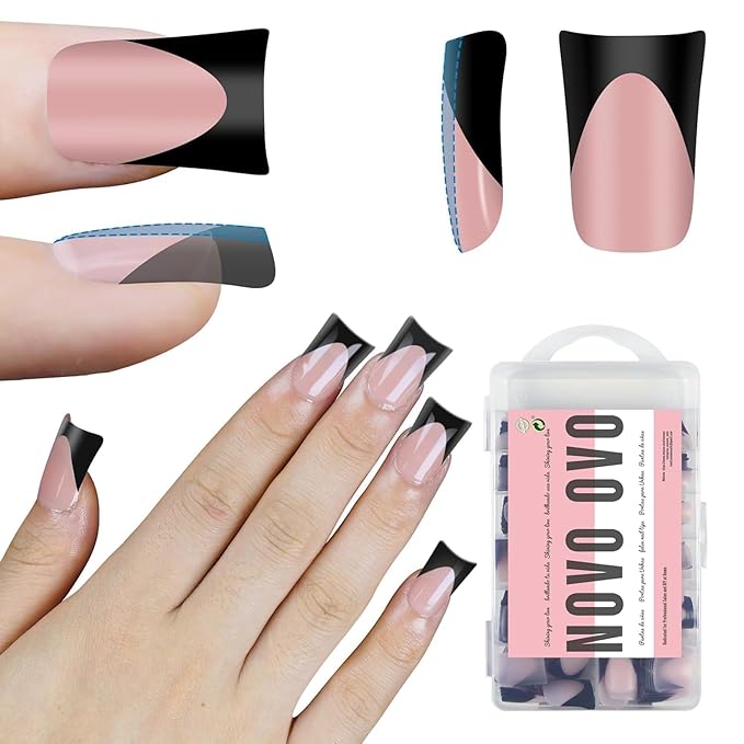 NOVO OVO Halloween Black French Tip Short Duck Nail Tips Press on, BABY PINK Pre-designed Soft Gel Nail Extension, Extra thick Full Cover Matte Vrial False Nails for Salon DIY x 12 Sizes 240 pcs