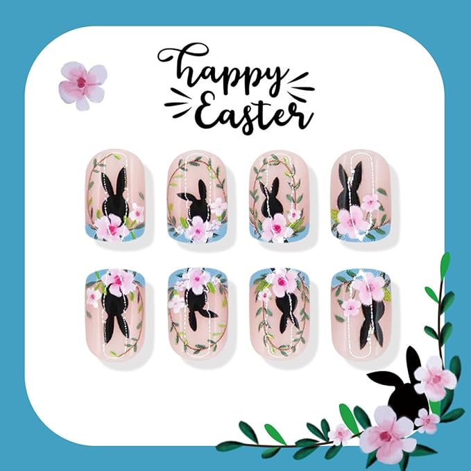 Easter Press on Nails - Short Square Fake Nails with Black Rabbit | Pink Flower Designs False Nails Press ons Reusable Full Cover Stick on Nails Easter Nails for Women Manicure 24Pcs