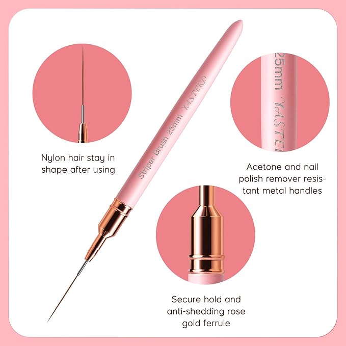 Yasterd Pink Metal Handle Nail Art Brushes, 6pcs Striper Set for Long Lines, Thin Details, Fine Drawing, Delicate Coloring, Elongated Lines, Sizes 5/7/9/11/15/25mm