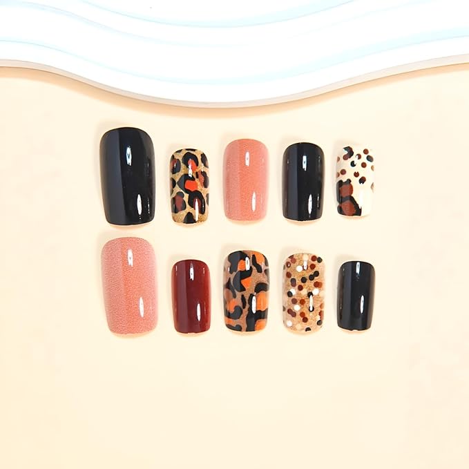 Leopard Print Press on Nails Medium Square Fake Nails Brown Glossy Stick on Nail Glitter Nails Press Ons Fall False Nails Acrylic DIY Glue on Nail for Women and Girls Decoration Set 24Pcs