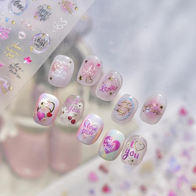 5D Embossed Valentines Day Nail Stickers Self-Adhesive Letter Nail Art Stickers Gold Purple Pink Retro Alphabet Cherry Love Designs Cute Nails Art Supplies Heart Nail Decals for Women Manicure DIY