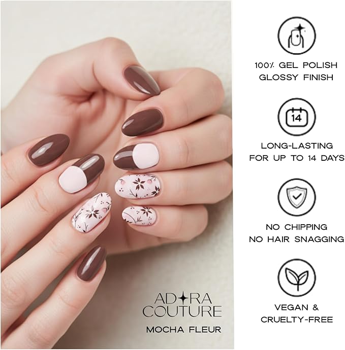 Semi Cured Gel Nail Strips with 30 Pieces - Salon Quality Manicure Kit for Women Easy Application Wraps Includes Prep Pads Nail File Wooden Stick, UV Light Required - Mocha Fleur