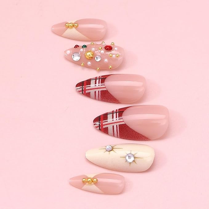 Christmas Press on Nails Medium Almond Fake Nails Plaid Red False Nails Press ons White Rhinestones Glue on Nails Acrylic Artificial Stick on Nail Reusable for Women Nail Manicure 24Pcs