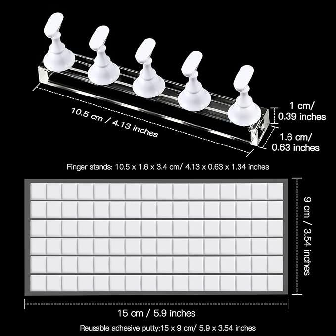 Blulu 2 Set Nail Stand for Painting Press Nail Holder Acrylic Magnetic Tips Training Fingernail Display Stands DIY Crystal Holders and 96 Pieces White Reusable Adhesive Putty(Black and White)