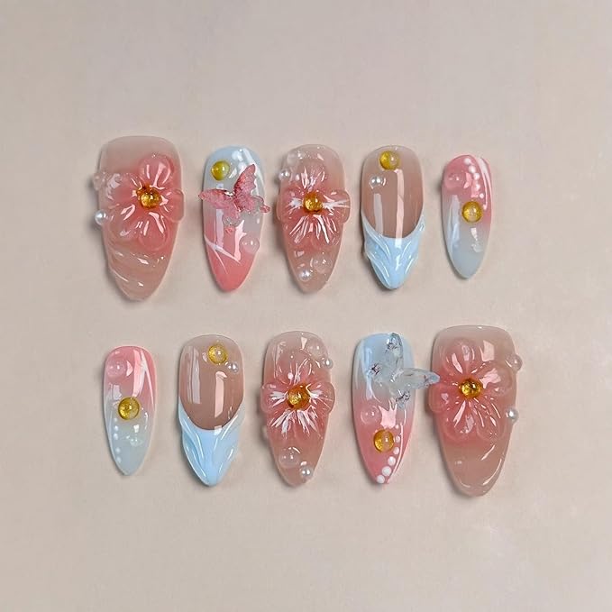Flower Press on Nails Pink Blue Gradient Medium Almond Fake Nails with 3D Floral Butterfly Pearl Design Handmade Press on Nails French False Nail Muti-Layer Gel Acrylic Nail for Women (Size M)