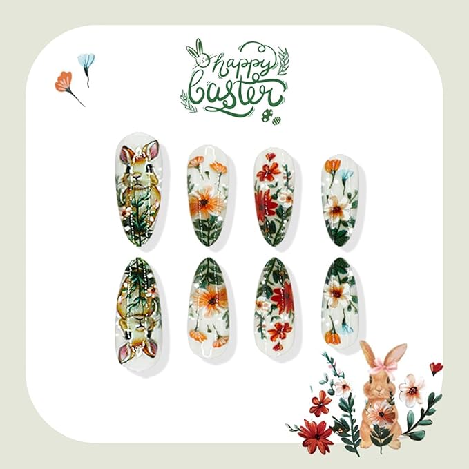 Cute Rabbit Easter Press on Nails - Medium Almond Fake Nails with Spring Flower Designs Glossy False Nails Press ons Reusable Full Cover Stick on Nails Easter Nails for Women Manicure 24Pcs