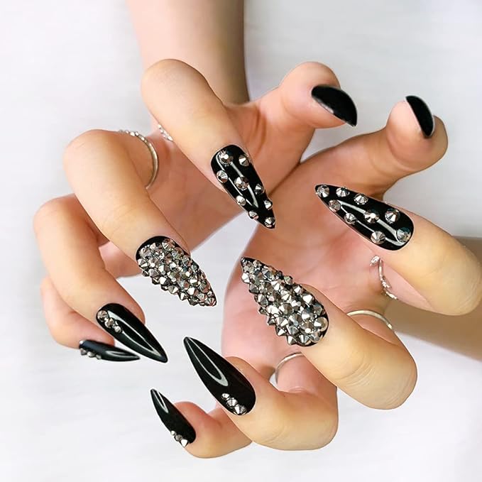 Morily 24pcs Fake Nails Black with Rhinestones Luxury Pure Color Medium Long Stiletto Almond Press on Nail False Tips Artificial Finger Manicure for Women (Glossy Crystal)