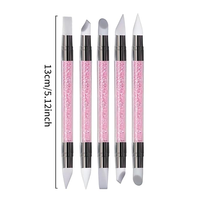 5Pcs Double-Ended Silicone Nail Art Brushes, Dual-Tip Dotting & Sculpting Tools for Gel Polish, 3D Nail Art, Shaping, Drawing, Embossing & Manicure Clean Up-Pink
