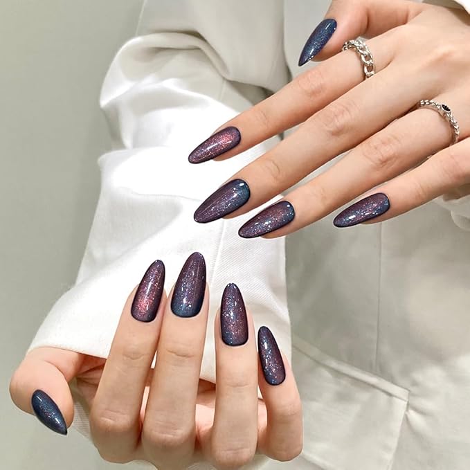 Dark Blue Almond Cat Eyes Press On Nails,12 Sizes - 24 Pcs Soft Gel Blue Medium Fake Nails Kit with Nail Glue, Natural Reusable Stick On False Nails for Women and Girls SK1008