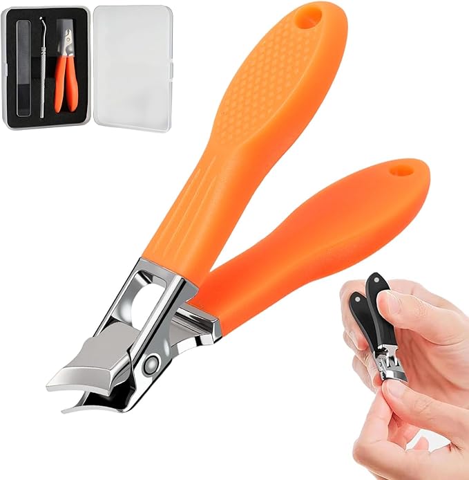 Wide Jaw Opening Anti-Splash Slanted Nail Clipper 3PCS Set with Case, Household Fingernail and Toenail Clippers Set for Ingrown Nails & Thick Nails (Orange)