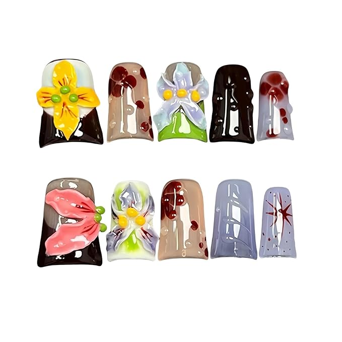 10pcs Handmade Press on Nails for Women - Medium Duck Curve 3D Thick Acrylic Fake Nails Reusable,Designer Floral Butterfly Rhinestones Bling Boho Funky Y2k Nail-art Set,S,colorful