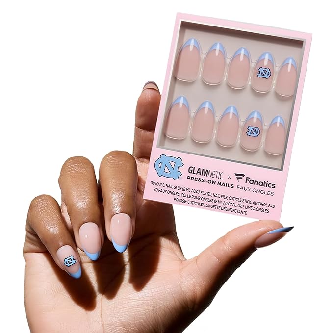 Glamnetic x Fanatics Press On Nails - North Carolina Tar Heels | Short Almond Fake Nails, Collegiate Tar Heels Blue French Tips, College Nails, Salon-Quality | 15 Sizes - 30 Nail Kit with Glue