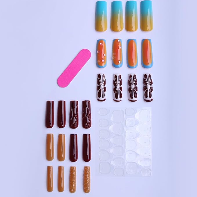 Square Press on Nails Long Gradient Fake Nail Blood Orange with Water Drop Design Acrylic Nail Press ons Embossed Lemon Stick on Nail for Women 24pcs
