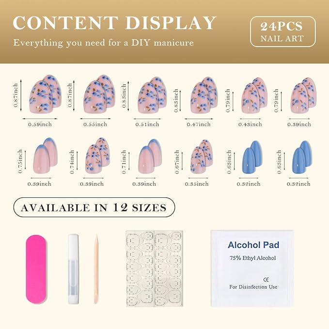 evpct Nude Pink Press on Nails Short Almond with Blueberry Design, Blue Tip Full Cover Fake Nails Reusable Perfect Fit Nail Kit with Kits Tabs File, Stick on Soft Nail for Women Manicure, 24Pcs